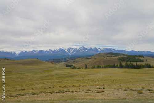 Snow top in Altai mountains. Long shot. Green valley. Summer travel concept.