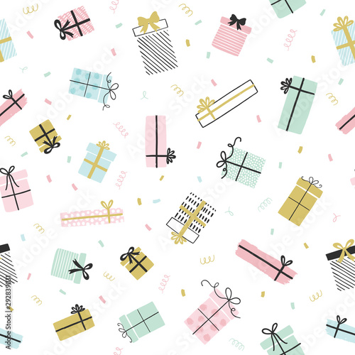 Gift boxes vector pattern in hand drawn doodle style with confetti. Seamless background with presents for birthday party. Illustration for greeting cards, invitations, posters. 