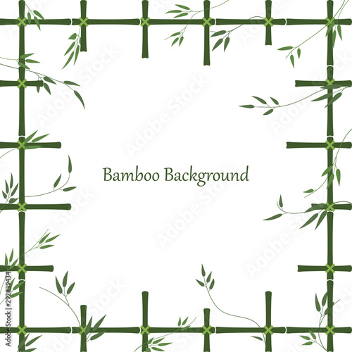 Bamboo background in the form of a window made of bamboo sticks. Green pattern of trellis and bamboo branches with leaves. Frame made of bamboo lattice with an empty place for an inscription.