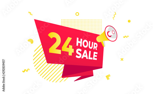 24 hour sale countdown ribbon badge icon sign with big red ribbon, megaphone and abstract elements behind isolated on white background.