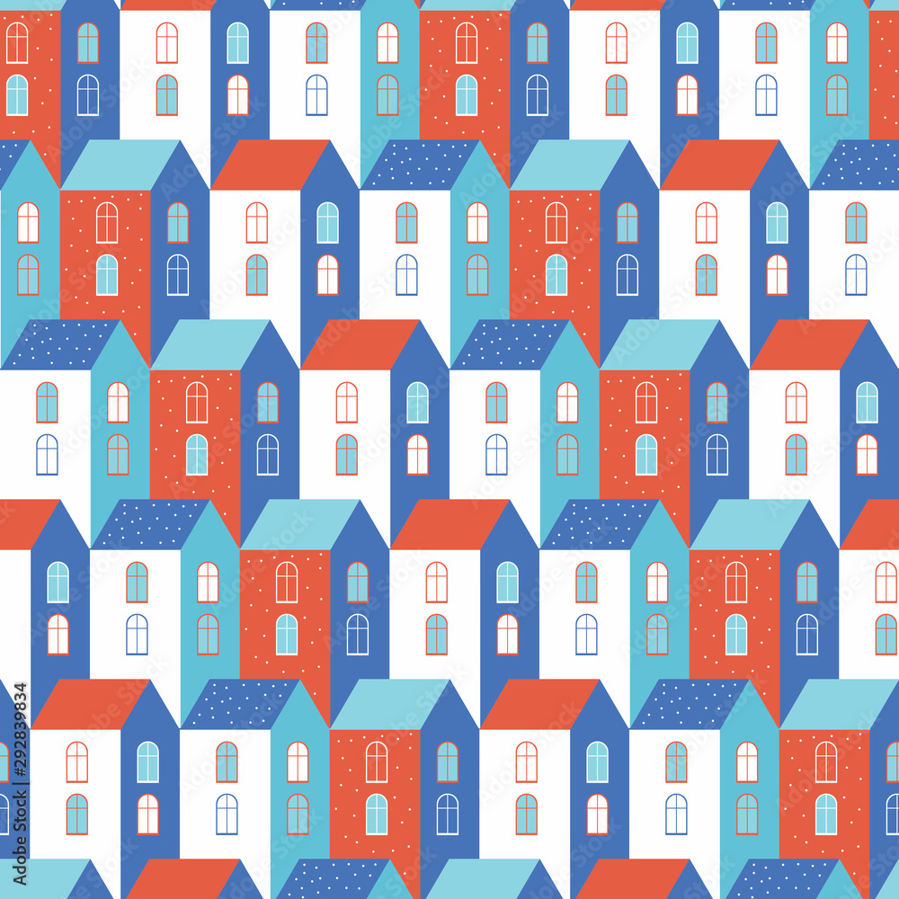 Seamless pattern winter urban landscape in a geometric minimal flat style. Urban background with Town houses and streets, roofs of building in vector. Christmas city background in red, blue