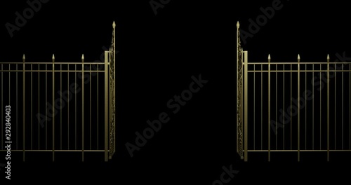 3D rendered animation. Opening and Closing Golden Gates and Fence.  Isolated from Black Background