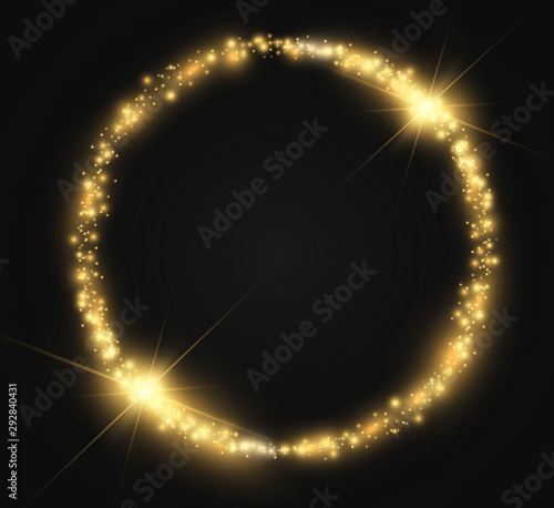 Round shiny perfect background. Vector eps10. Beautiful light. Magic circle. Precious background.Round gold shiny frame with light bursts.