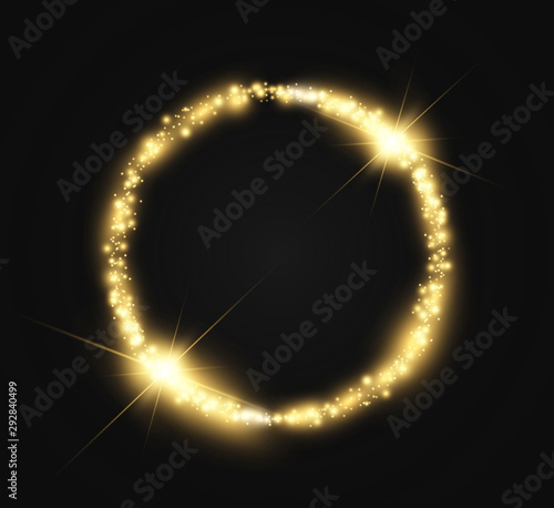 Round shiny perfect background. Vector eps10. Beautiful light. Magic circle. Precious background.Round gold shiny frame with light bursts.