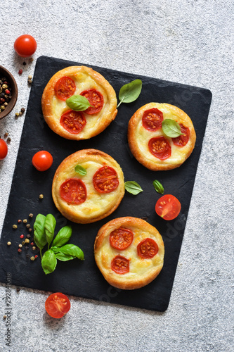 Mini pie with tomatoes and cheese. Quiche with vegetables and sauce top view.