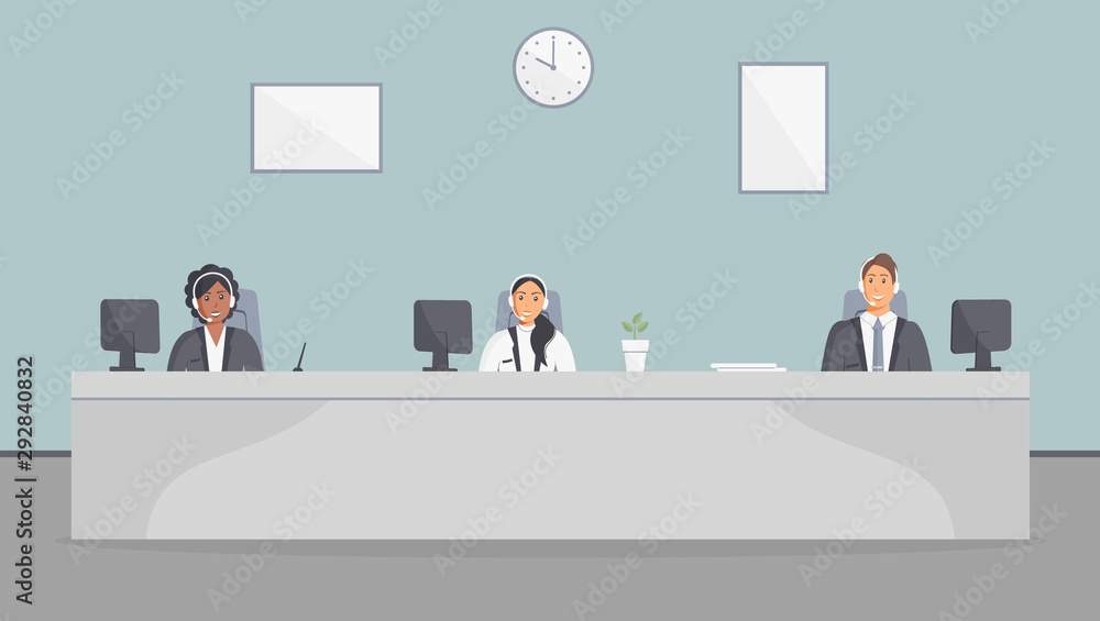 Call center office. Assistants team with headphones sitting at table with monitors.Flat vector illustration. Customer care operators, guy and girls with smiling faces. Online support service agents Call center office. Assistants team with headphones sitting at table with monitors.Flat vector illustration. Customer care operators, guy and girls with smiling faces. Online support service agents