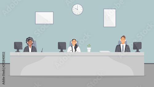 Call center office. Assistants team with headphones sitting at table with monitors.Flat vector illustration. Customer care operators, guy and girls with smiling faces. Online support service agents
