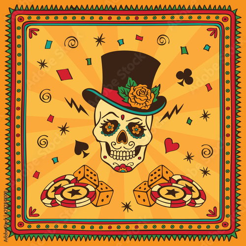 Mexican sugar skull with attributes of casino. Dia de los Muertos.