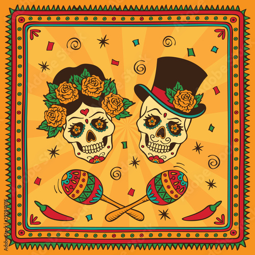 Mexican sugar skulls with maracas. Dia de los Muertos.