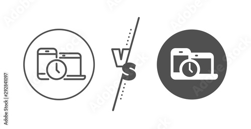 Clock sign. Versus concept. Time management line icon. Mobile devices symbol. Line vs classic time management icon. Vector