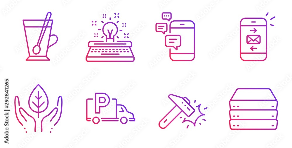 Communication, Mail and Hammer blow line icons set. Fair trade, Tea mug and Truck parking signs. Typewriter, Servers symbols. Smartphone messages, Smartphone communication. Business set. Vector Communication, Mail and Hammer blow line icons set. Fair trade, Tea mug and Truck parking signs. Typewriter, Servers symbols. Smartphone messages, Smartphone communication. Business set. Vector