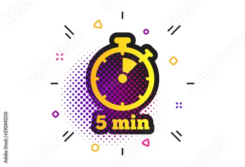 Timer sign icon. Halftone dots pattern. 5 minutes stopwatch symbol. Classic flat timer icon. Vector