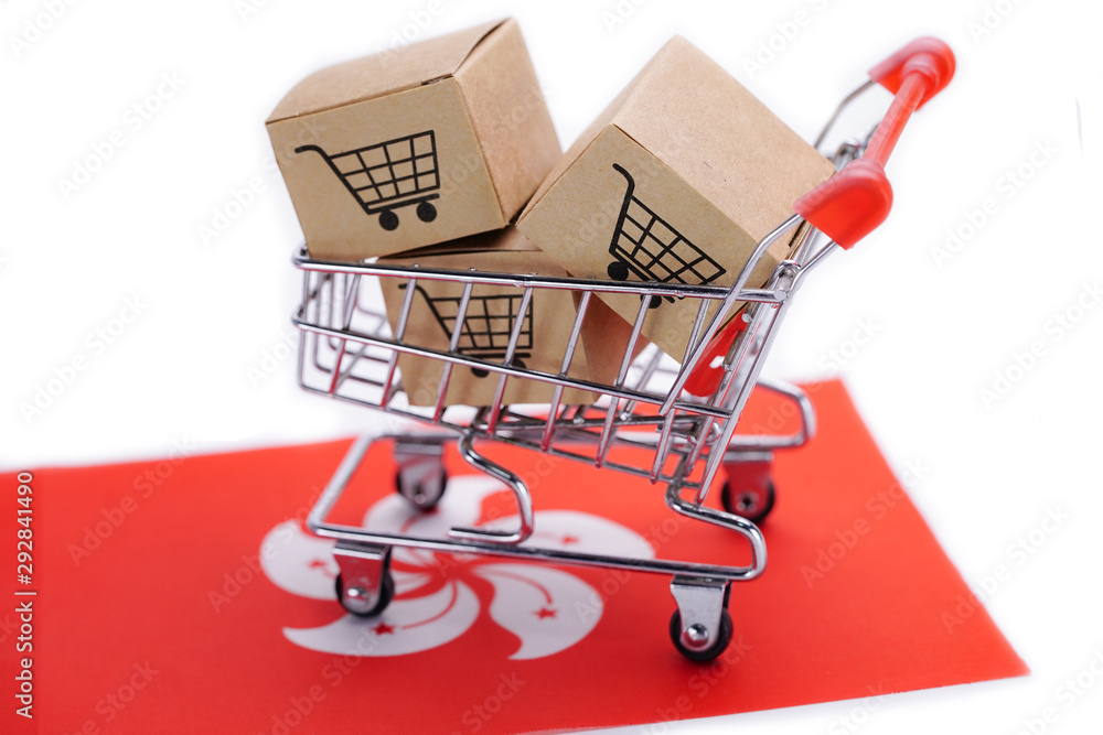 Box with shopping cart logo and Hong Kong flag : Import Export Shopping online or eCommerce finance delivery service store product shipping, trade, supplier concept..