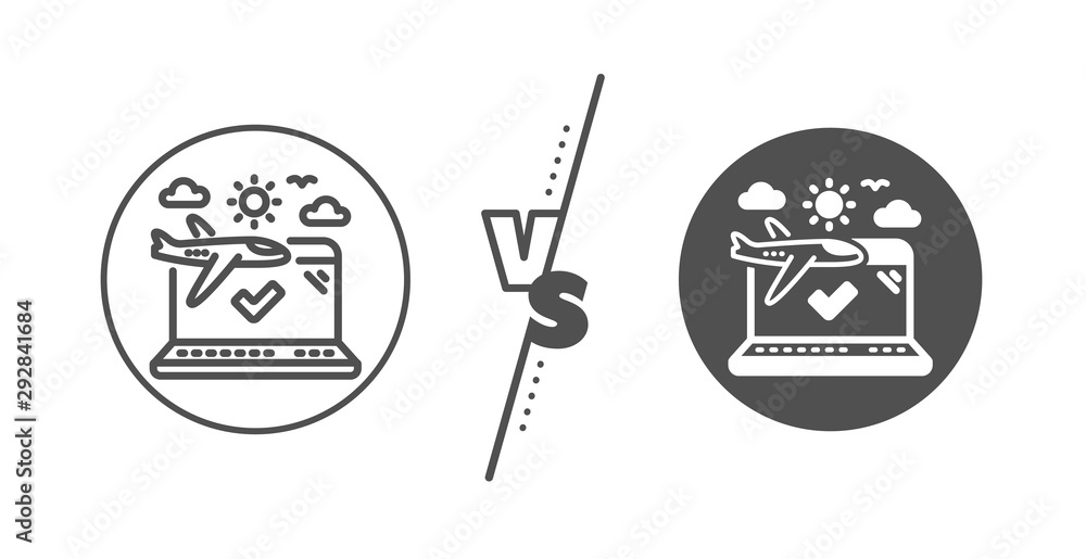 Check in trip sign. Versus concept. Airplane travel line icon. Holidays flight transport symbol. Line vs classic airplane travel icon. Vector Check in trip sign. Versus concept. Airplane travel line icon. Holidays flight transport symbol. Line vs classic airplane travel icon. Vector