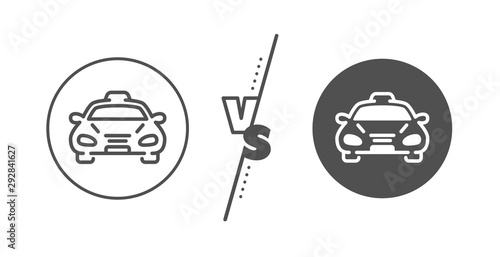 Car vehicle sign. Versus concept. Taxi cab transport line icon. Taxicab driving symbol. Line vs classic taxi icon. Vector