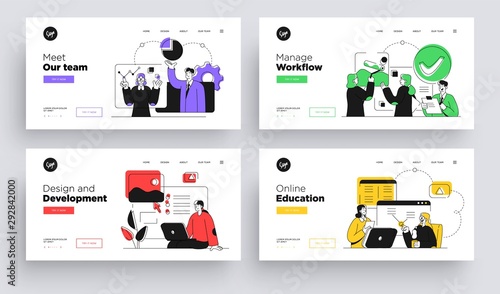 Set of Presentation slide templates or landing page websites design. Business concept illustrations. Modern flat outline style.