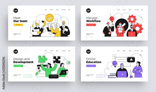 Set of Presentation slide templates or landing page websites design. Business concept illustrations. Modern flat outline style.