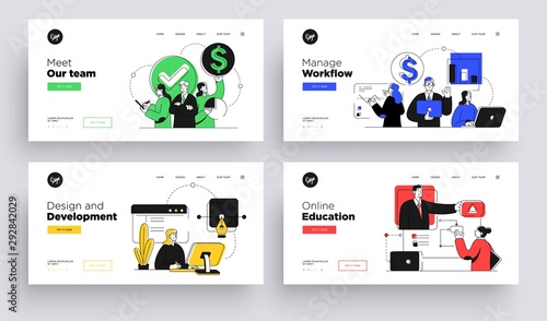 Set of Presentation slide templates or landing page websites design. Business concept illustrations. Modern flat outline style.