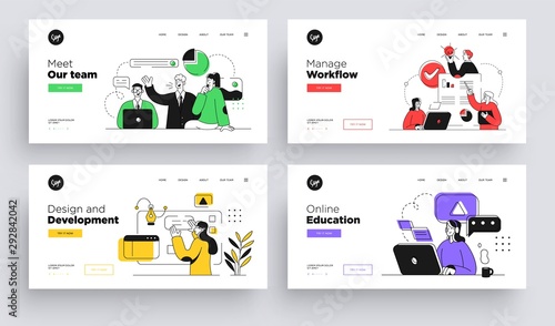 Set of Presentation slide templates or landing page websites design. Business concept illustrations. Modern flat outline style.