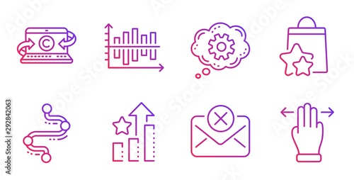 Copywriting notebook, Timeline and Ranking stars line icons set. Cogwheel, Loyalty points and Diagram chart signs. Reject mail, Multitasking gesture symbols. Writer laptop, Journey path. Vector
