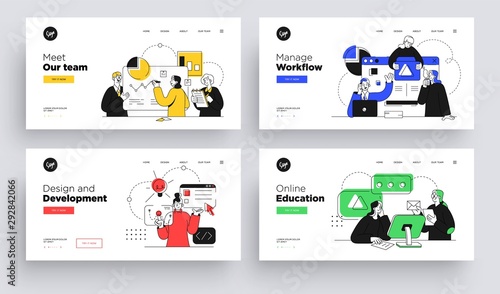 Set of Presentation slide templates or landing page websites design. Business concept illustrations. Modern flat outline style.