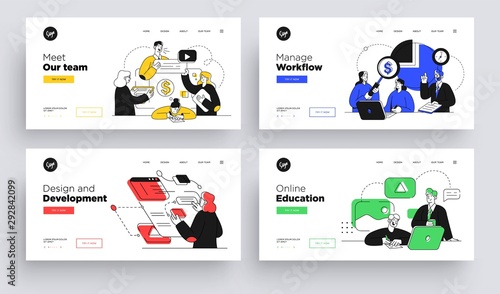 Set of Presentation slide templates or landing page websites design. Business concept illustrations. Modern flat outline style.