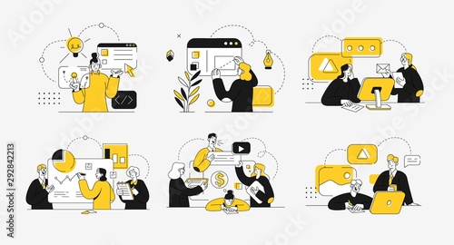 Business concept illustrations. Collection of scenes at office with men and women taking part in business activity. Outline vector illustration.