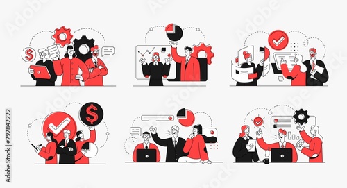 Collection of succesfull team illustrations . Bundle of men and women taking part in business meeting, negotiation, brainstorming, talking to each other. Teamwork concept outline vector illustrations.