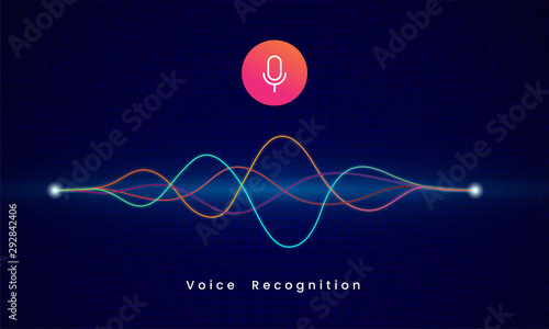 Voice Recognition AI personal assistant modern technology visual concept vector illustration. microphone icon button with colorful sound wave audio spectrum line on dark grid background