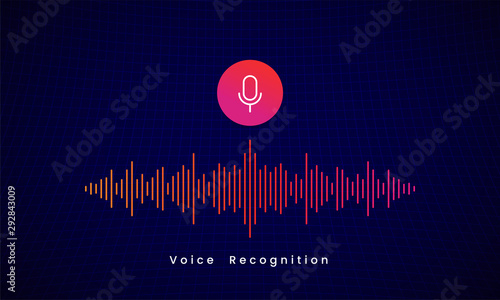 Voice Recognition AI personal assistant modern technology visual concept vector illustration design. microphone icon button with colorful sound wave audio spectrum line on dark grid background © Naufal