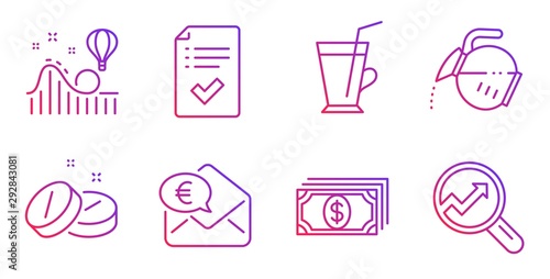 Roller coaster, Payment and Euro money line icons set. Coffee pot, Coffee cup and Medical tablet signs. Approved checklist, Analytics symbols. Attraction park, Finance. Business set. Vector
