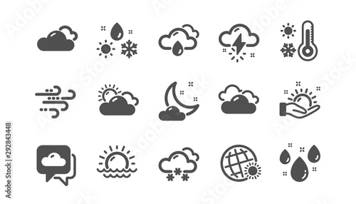 Weather and forecast icons. Cloudy sky, winter snowflake, thermometer. Moon night, rain and sunset icons. Weather temperature, meteorology forecast. Classic set. Quality set. Vector