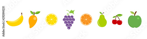 Fototapeta Naklejka Na Ścianę i Meble -  Fruit in a row. Juicy fruit. Fruit icons in modern flat design, isolated on white background. Apple, mango, lemon, grape, orange, pear, cherry and banana in flat style. Vector