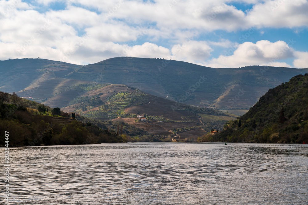 Scenic view of the Douro River and Valley with terraced vineyards near the Pinhao village, in Portugal.
