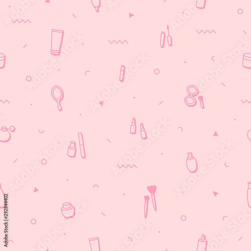 Makeup beauty care seamless pattern in memphis style. Fashion background in 90s 80s. Beauty products: lipstick, mascara, perfume, eyeshadows. Cosmetics illustrations in minimal design.