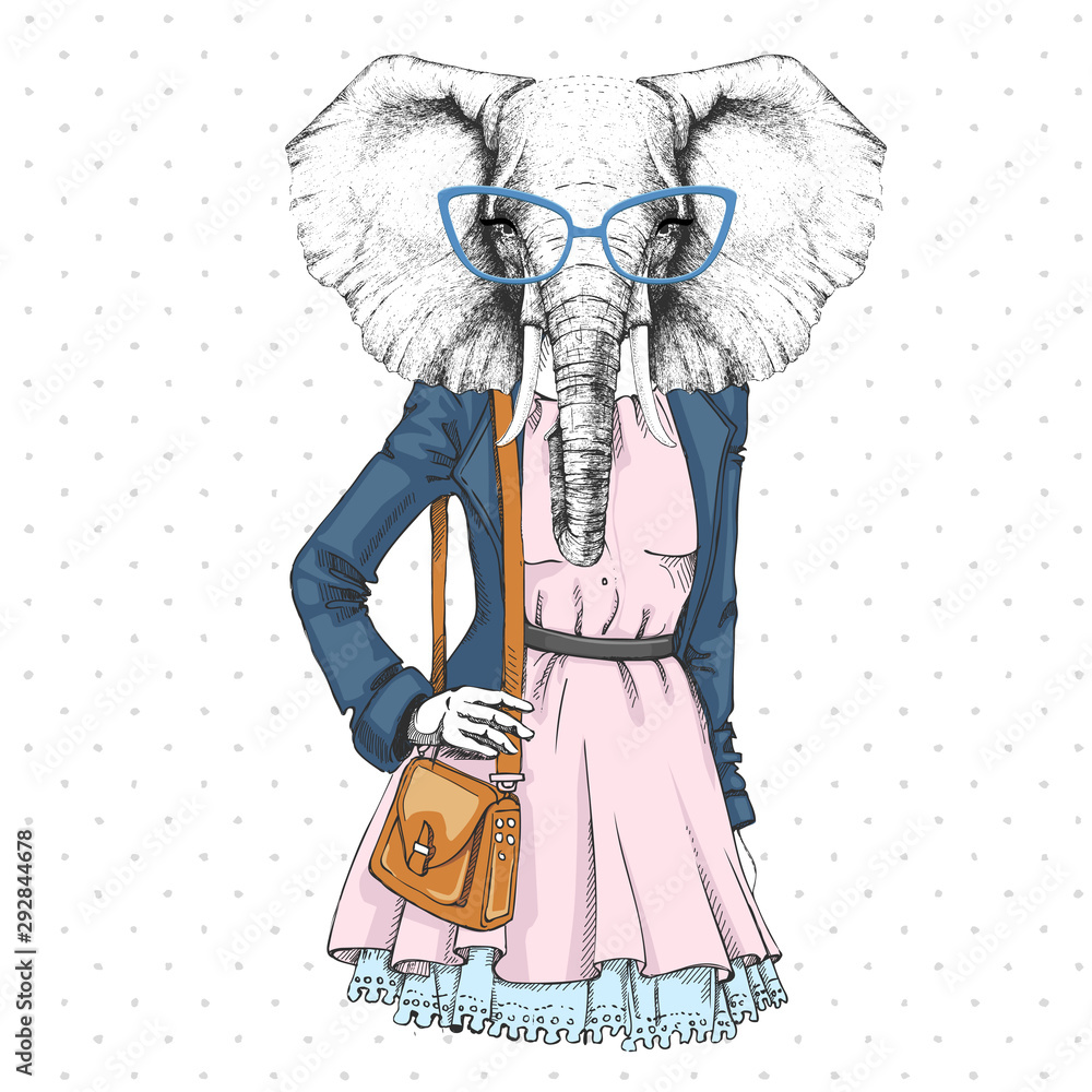 Obraz premium Retro Hipster fashion animal elephant. Woman model