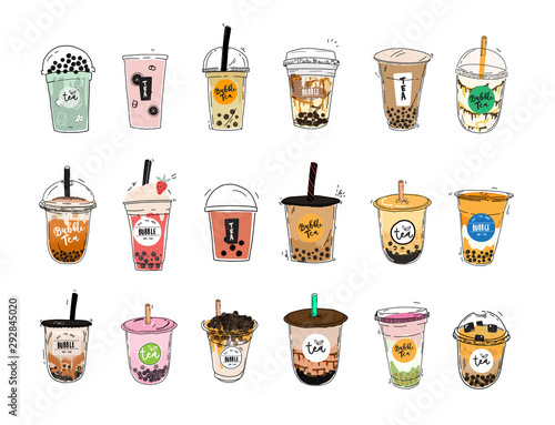 Bubble tea cup design collection,Pearl milk tea , Yummy drinks, coffees and soft drinks with doodle style banner . - Vector