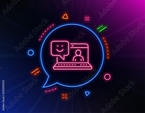 Smile laptop line icon. Neon laser lights. Positive feedback rating sign. Customer satisfaction symbol. Glow laser speech bubble. Neon lights chat bubble. Banner badge with smile icon. Vector