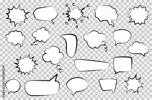 Set of comic speech bubbles. Design element for poster, emblem, sign, banner, flyer. Retro empty bubbles and elements set on transparent background. Vintage design, pop art style. Vector illustration