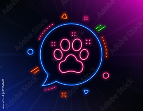 Pet friendly line icon. Neon laser lights. Dog paw sign. Hotel service symbol. Glow laser speech bubble. Neon lights chat bubble. Banner badge with pet friendly icon. Vector