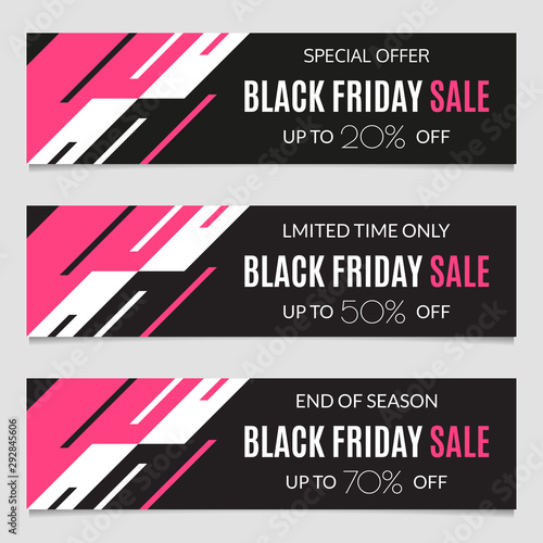 Black Friday sale banner. Horizontal discount background for flyer, web, fashion, clearance design with special offer. Up to 20,30,50 percent price off. Vector illustration.
