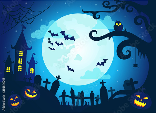 Halloween background with scary castle, pumpkins, bats and big moon