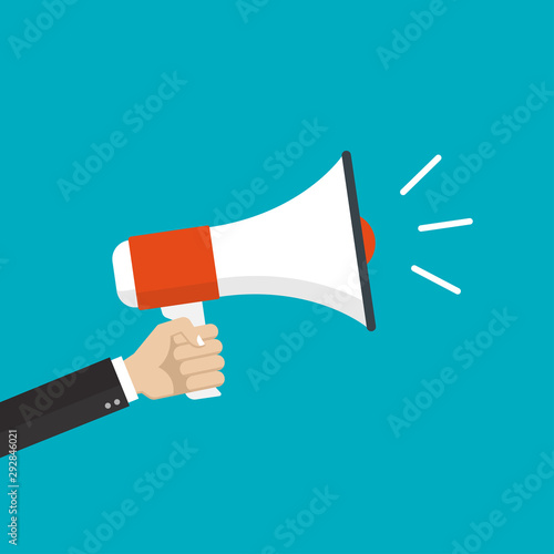 Hand is holding a megaphone or loud speaker. Loudspeaker banner. Design concept for business, social media, broadcasting, marketing. Vector illustration. 