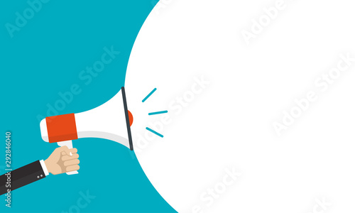 Hand is holding a megaphone or loud speaker. Loudspeaker banner with speech bubble for text. Design concept for business, social media, broadcasting, marketing. Vector illustration.  photo