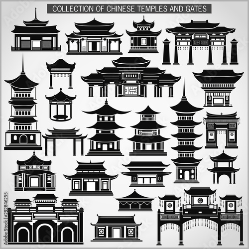 Set of Chinese temples, gates and traditional buildings in black and white