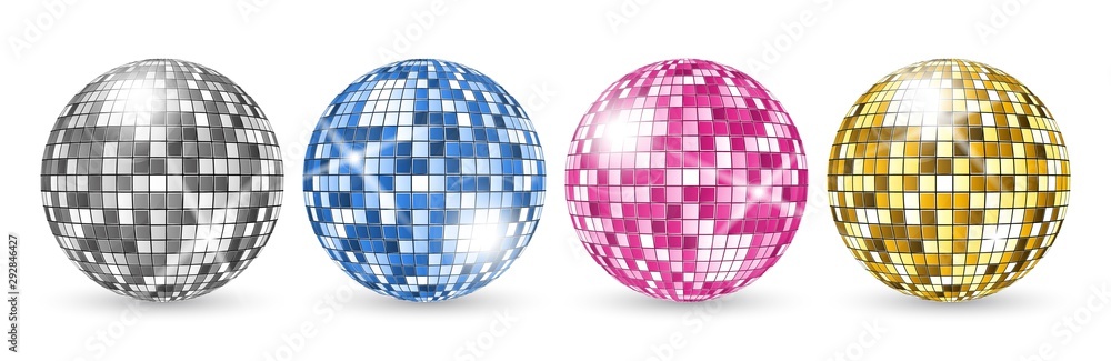 Disco ball. Party mirror balls set. Night club shining decoration vector. Illustration mirror bright disco ball for music club - obrazy, fototapety, plakaty 