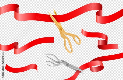 Ceremony ribbons. 3D scissors, grand opening ribbons on transparent background. Vector golden silver scissors and red silk banners. Ribbon scissors ceremony, grand event beginning illustration