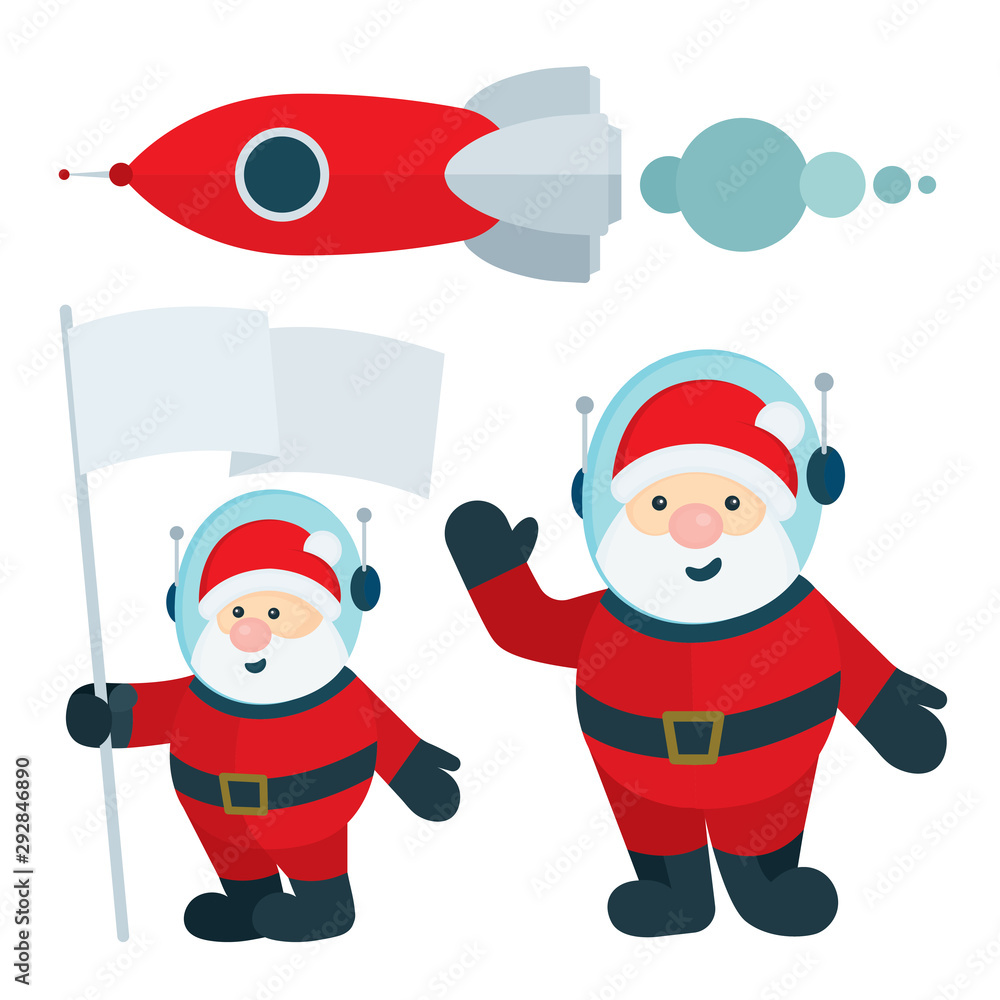 Spaceman Christmas Santa. Astronaut Santa Claus funny character vector illustrations set. 