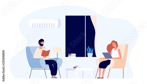 Evening family time. Hygge concept. Flat couple vector illustration. Young man and woman reading in living room. Woman and man read book in rest time