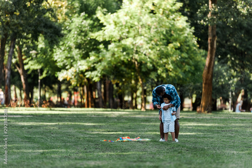 african american father standing near cute son on grass african american father standing near cute son on grass